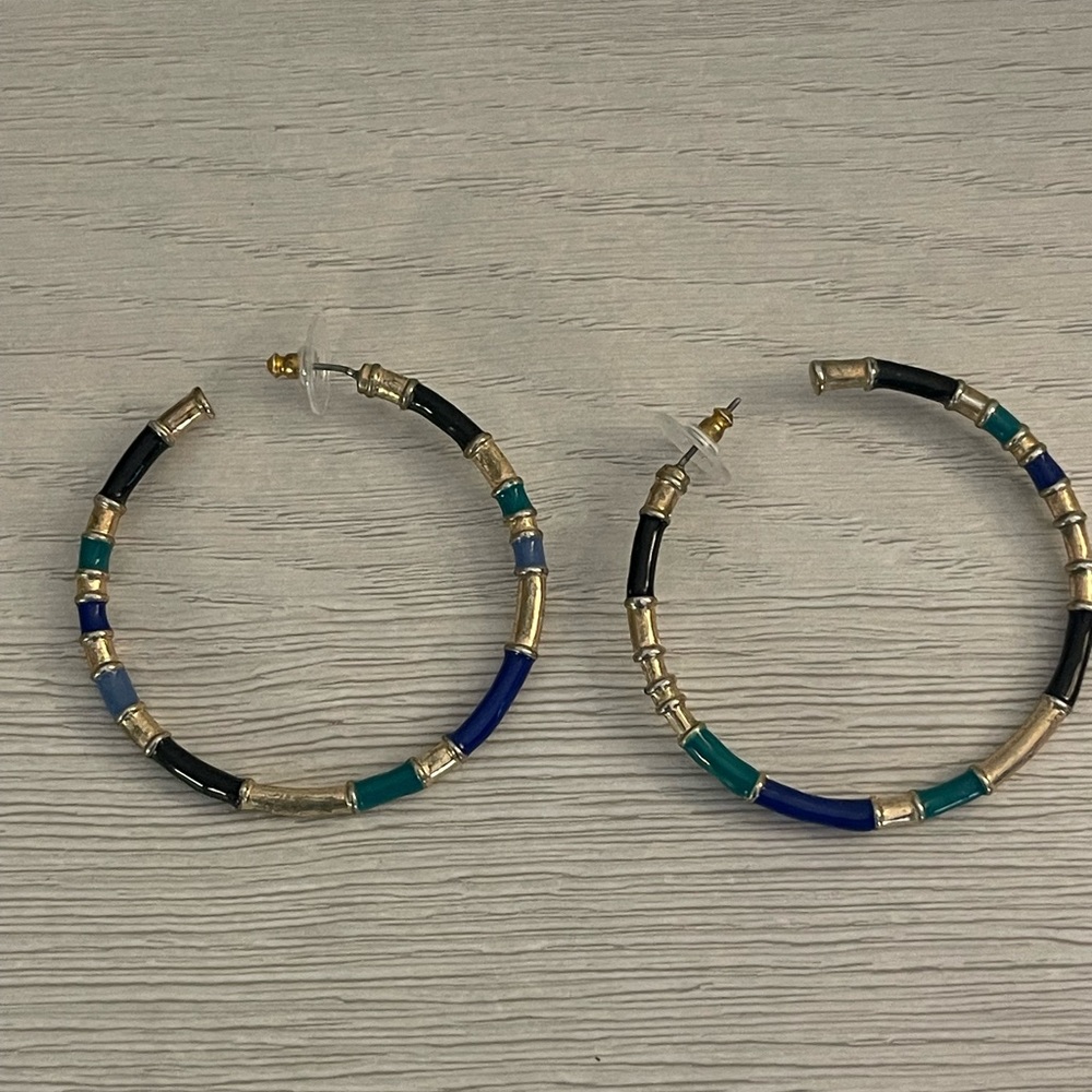 Gold, black, green, and blue 2” hoop earrings